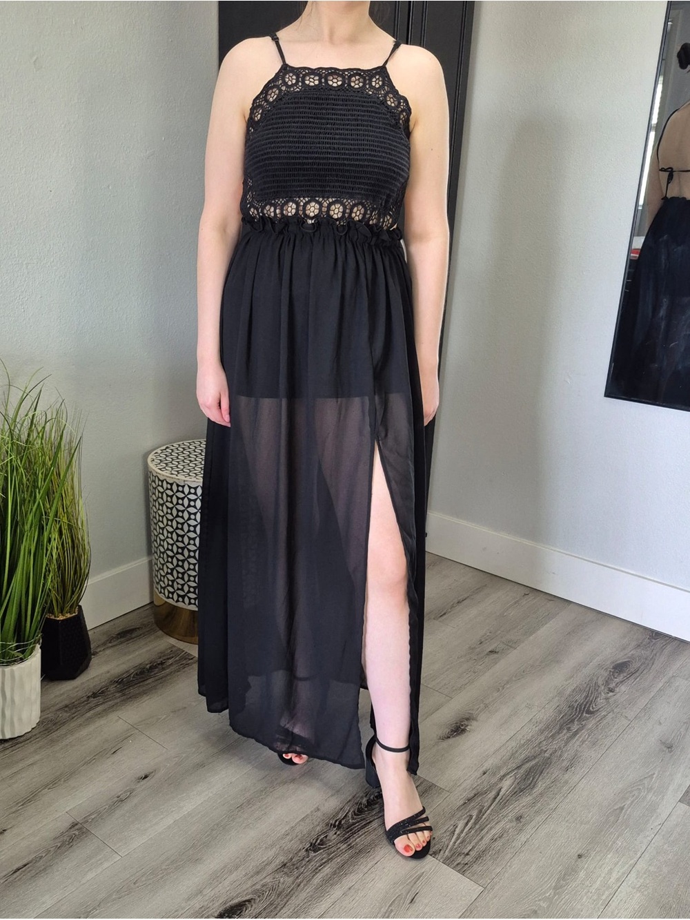 Iris Black Backless Crochet Halter Maxi Dress